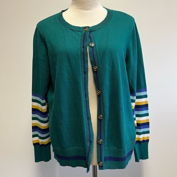Green Cardigan Stripe Sleeve Detailing Women’s Size Large - Picture 3 of 6